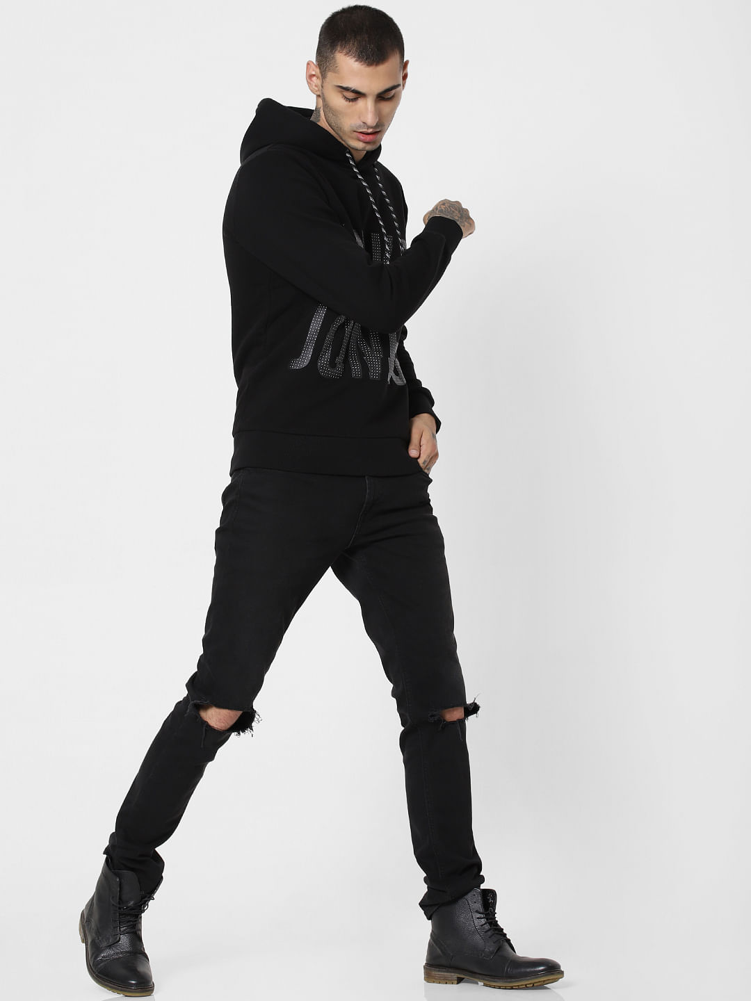 Black Logo Print Hooded Sweatshirt