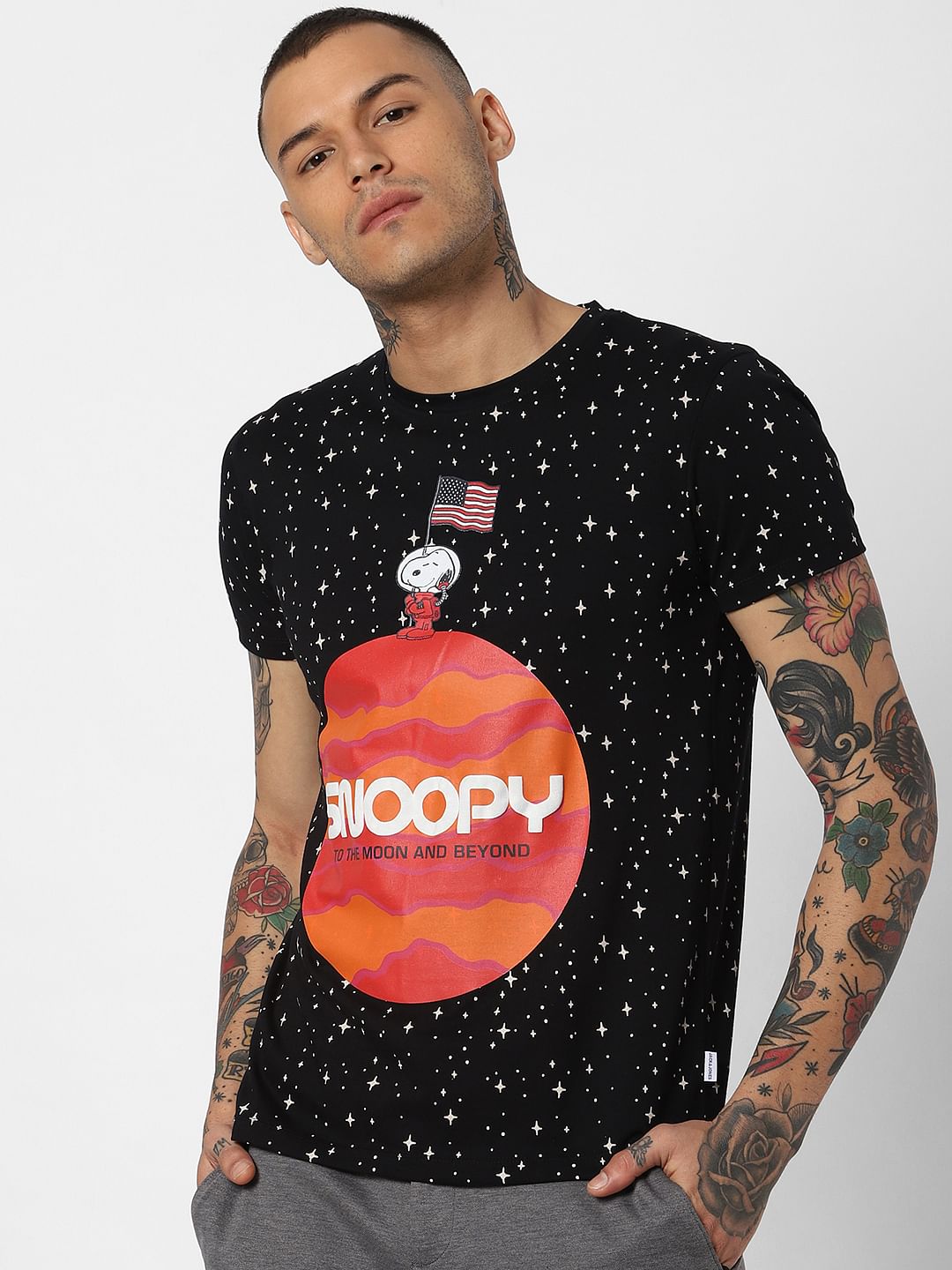 X Snoopy Black Snoopy Print Crew Neck T-Shirt