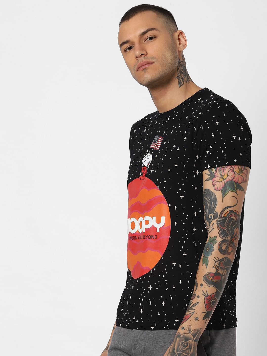 X Snoopy Black Snoopy Print Crew Neck T-Shirt