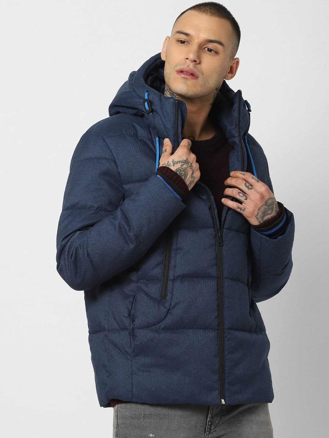 Blue Textured Hooded Puffer Jacket