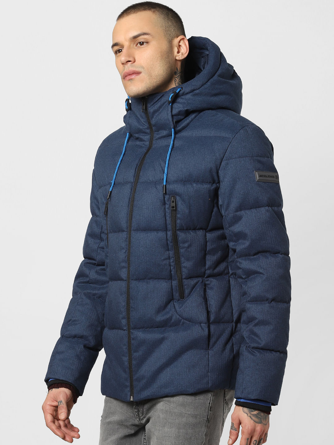 Blue Textured Hooded Puffer Jacket