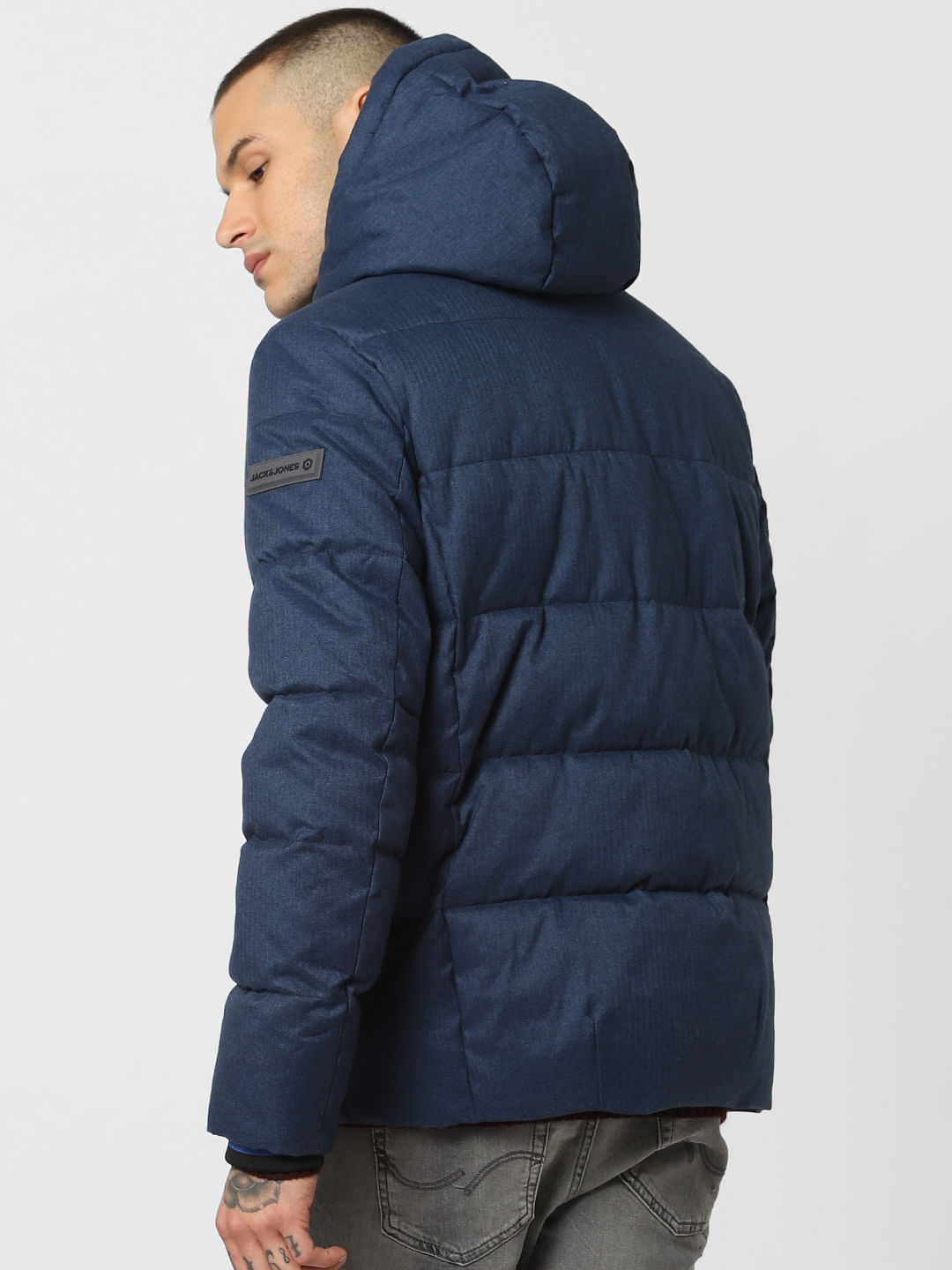 Blue Textured Hooded Puffer Jacket