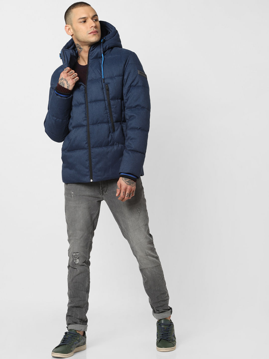 Blue Textured Hooded Puffer Jacket
