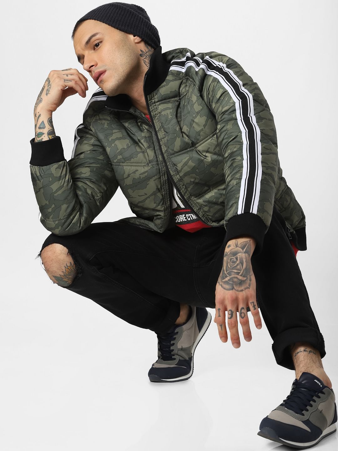 Green Camo Print Puffer Jacket