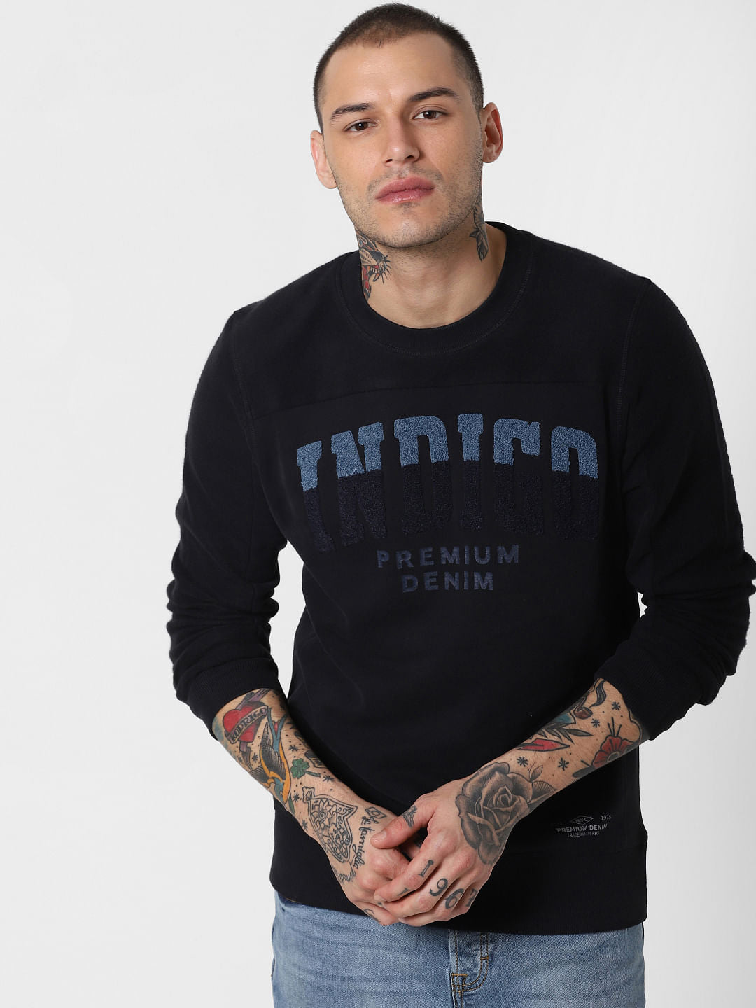 Black Embroidered Text Print Sweatshirt