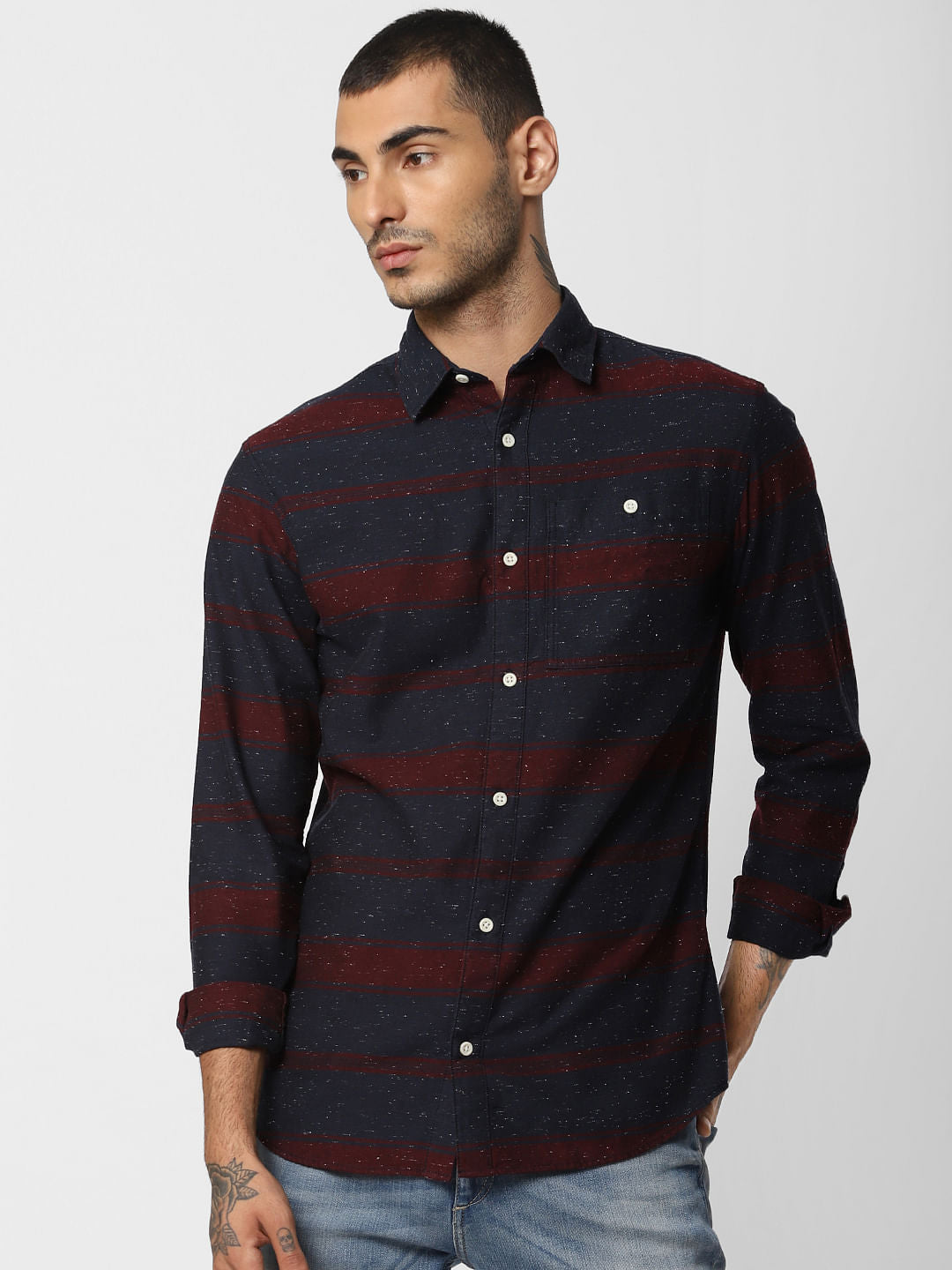 Red Striped Printed Full Sleeves Shirt