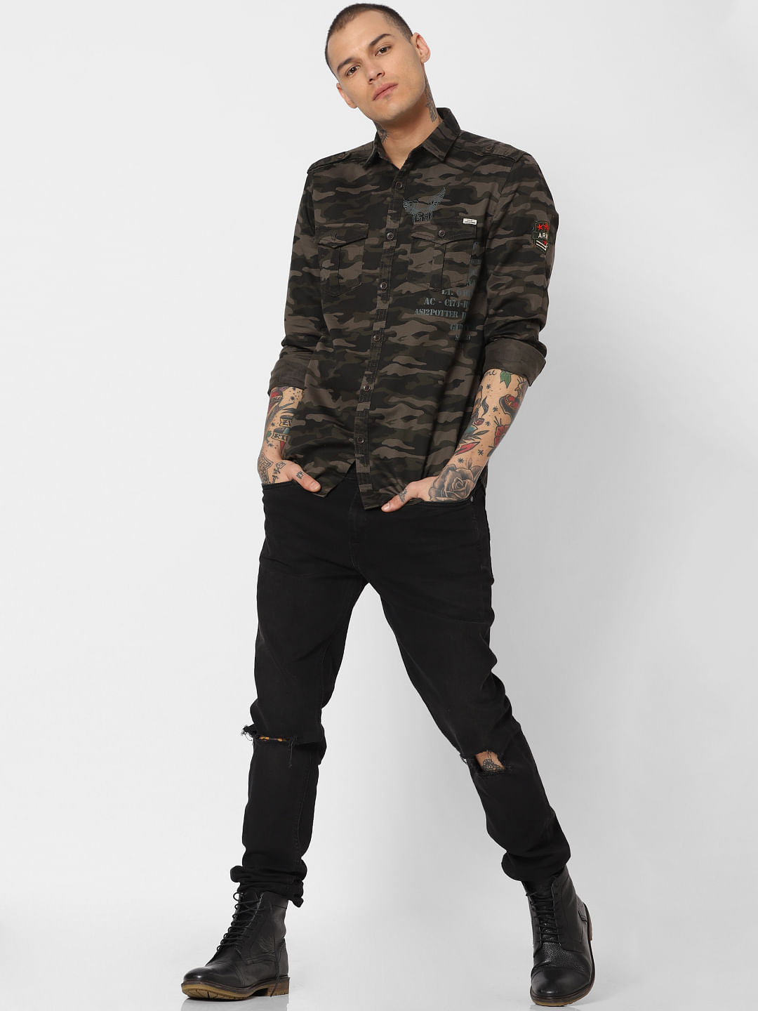 Green Camo Print Full Sleeves Shirt