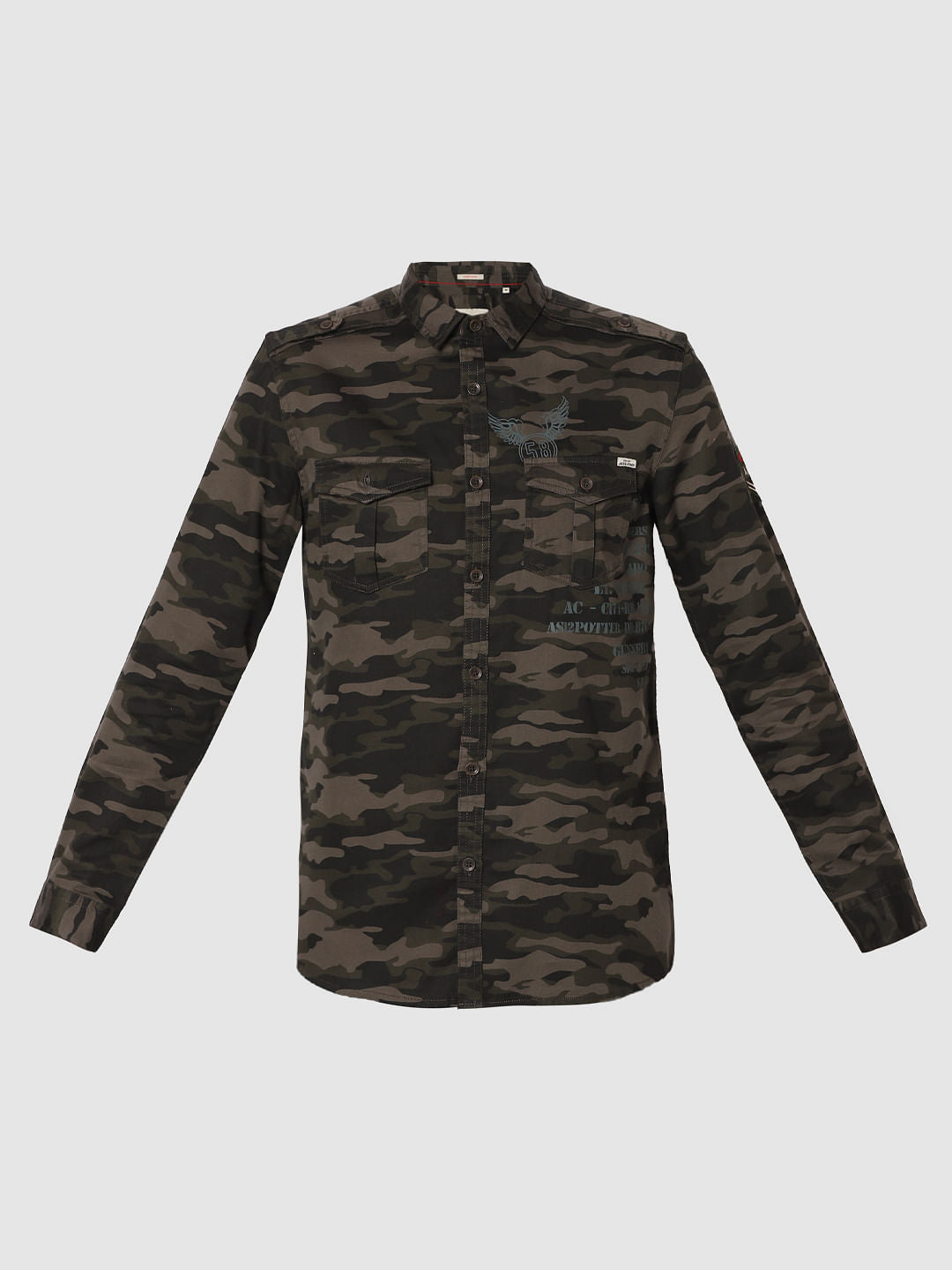 Green Camo Print Full Sleeves Shirt