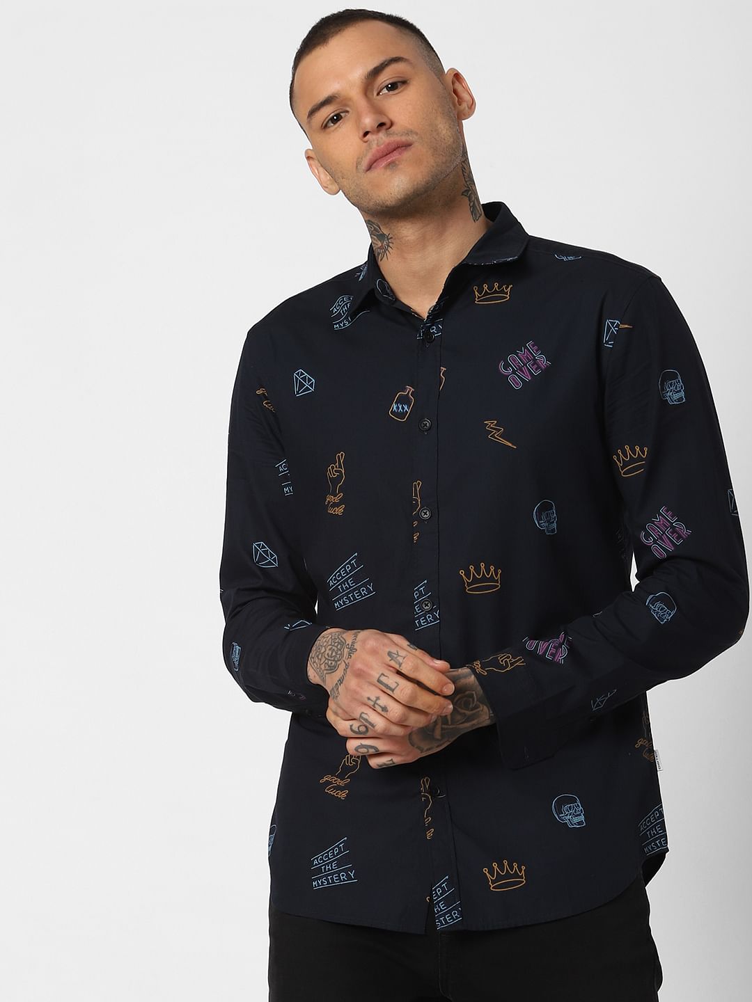 Navy Blue All Over Print Full Sleeves Shirt
