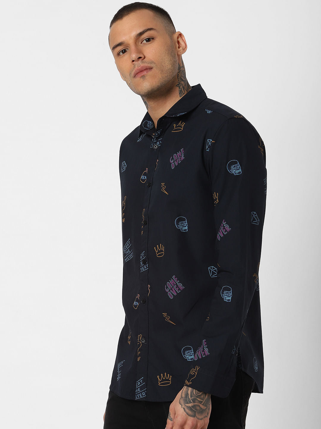 Navy Blue All Over Print Full Sleeves Shirt