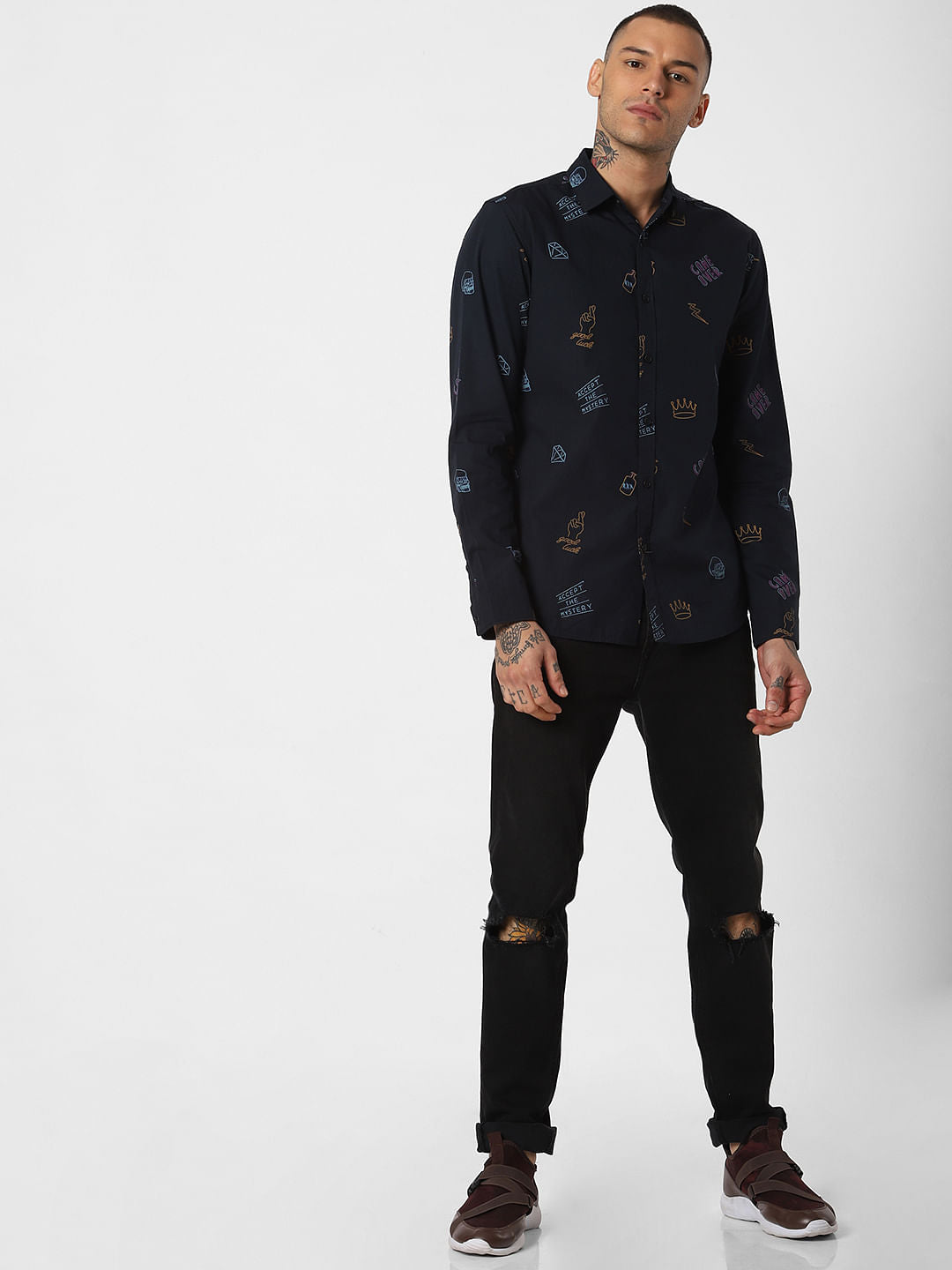 Navy Blue All Over Print Full Sleeves Shirt
