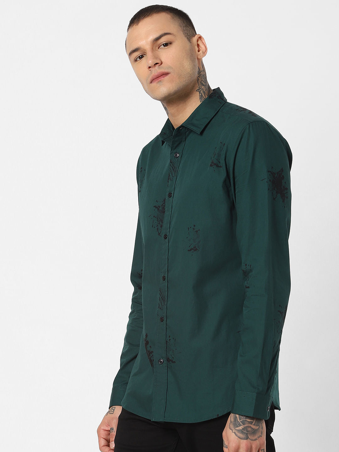 Green Splash Print Full Sleeves Shirt