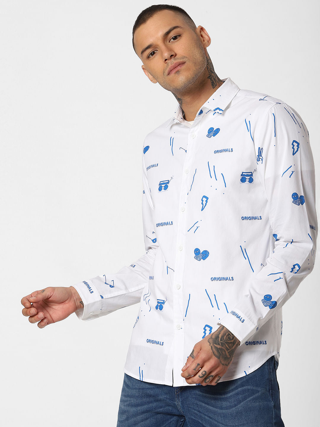 White All Over Print Full Sleeves Shirt