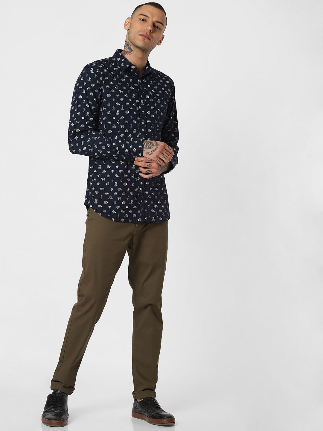 Navy Blue All Over Print Full Sleeves Shirt