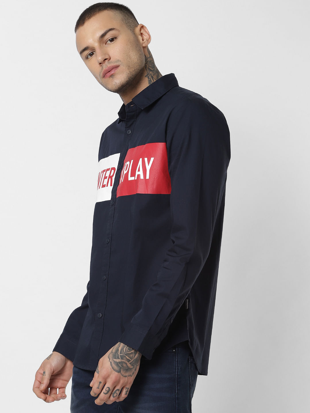 Navy Blue Patch Print Full Sleeves Shirt