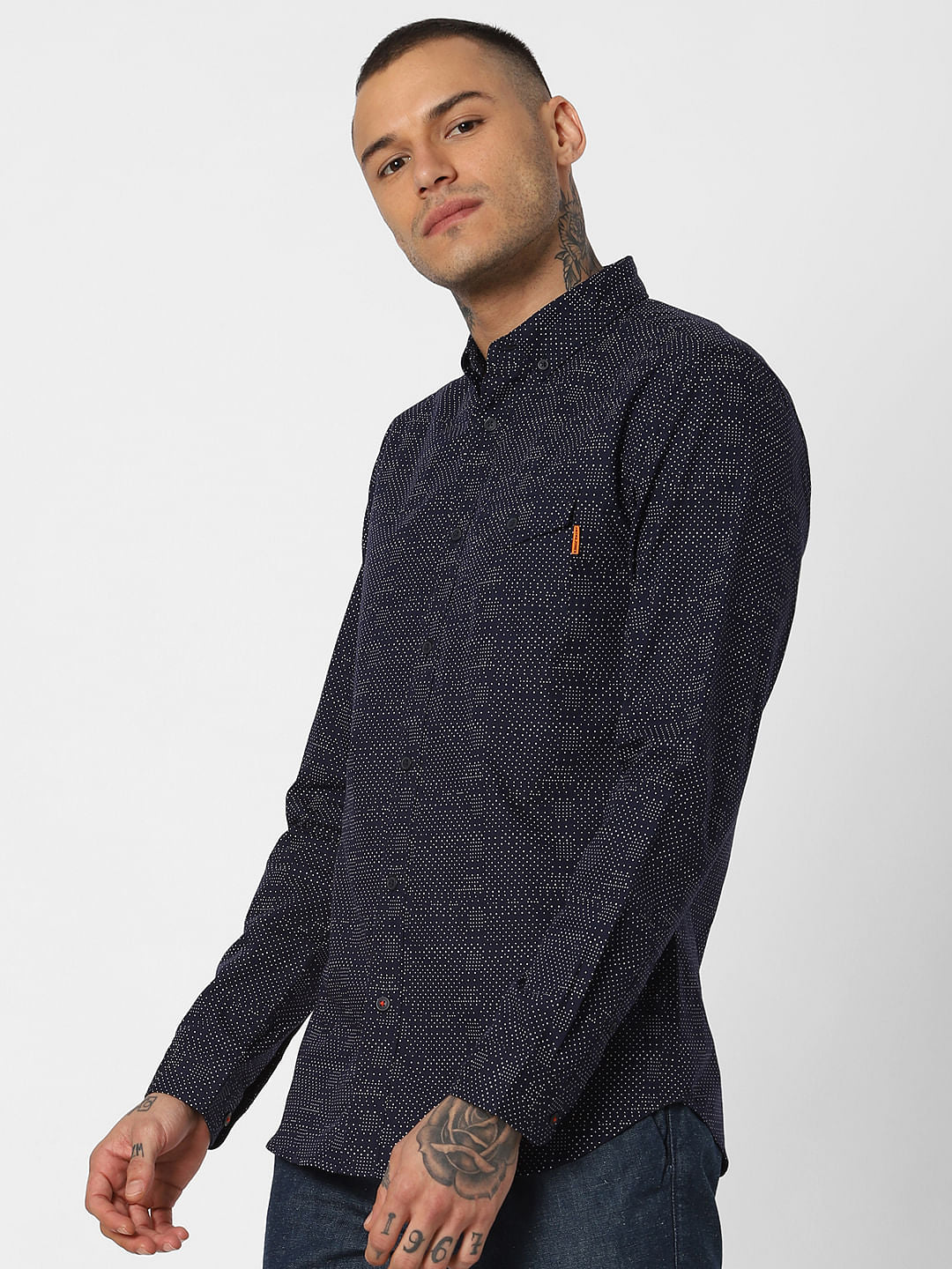 Navy Blue Printed Full Sleeves Shirt