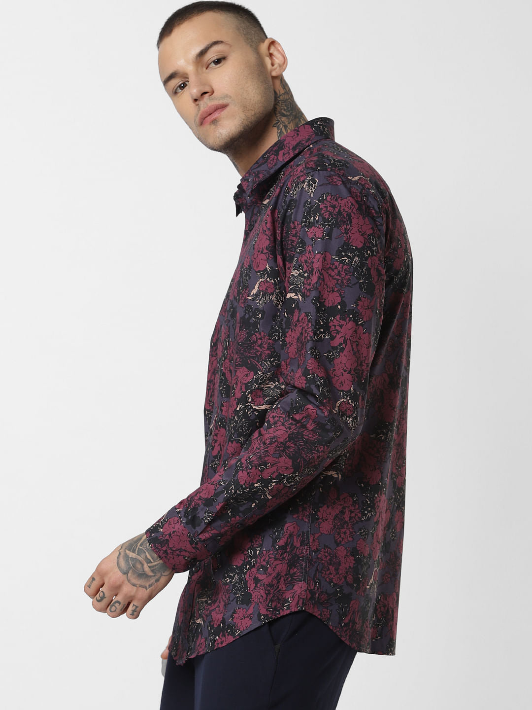 Burgundy Floral Print Full Sleeves Shirt