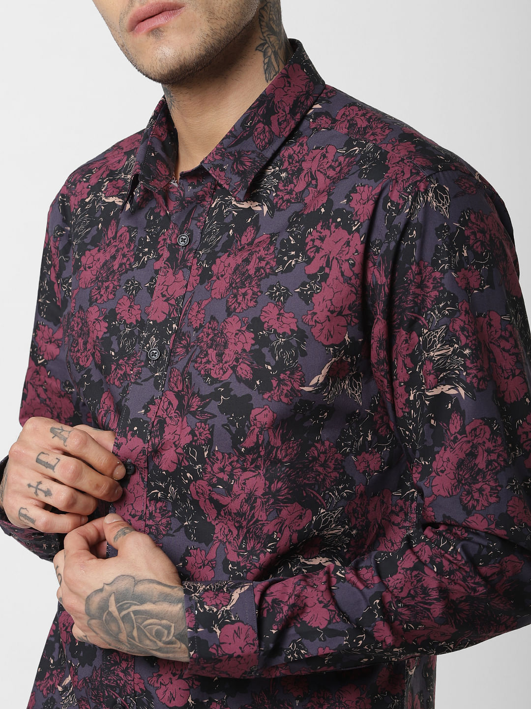 Burgundy Floral Print Full Sleeves Shirt