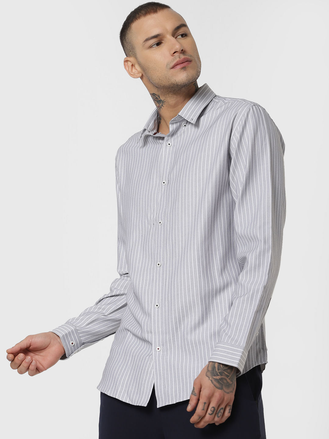 Grey Striped Full Sleeves Shirt