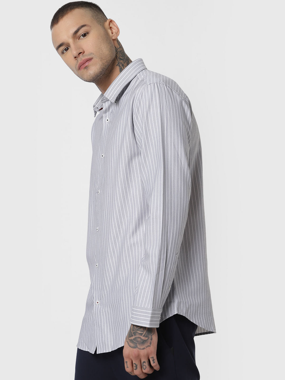 Grey Striped Full Sleeves Shirt