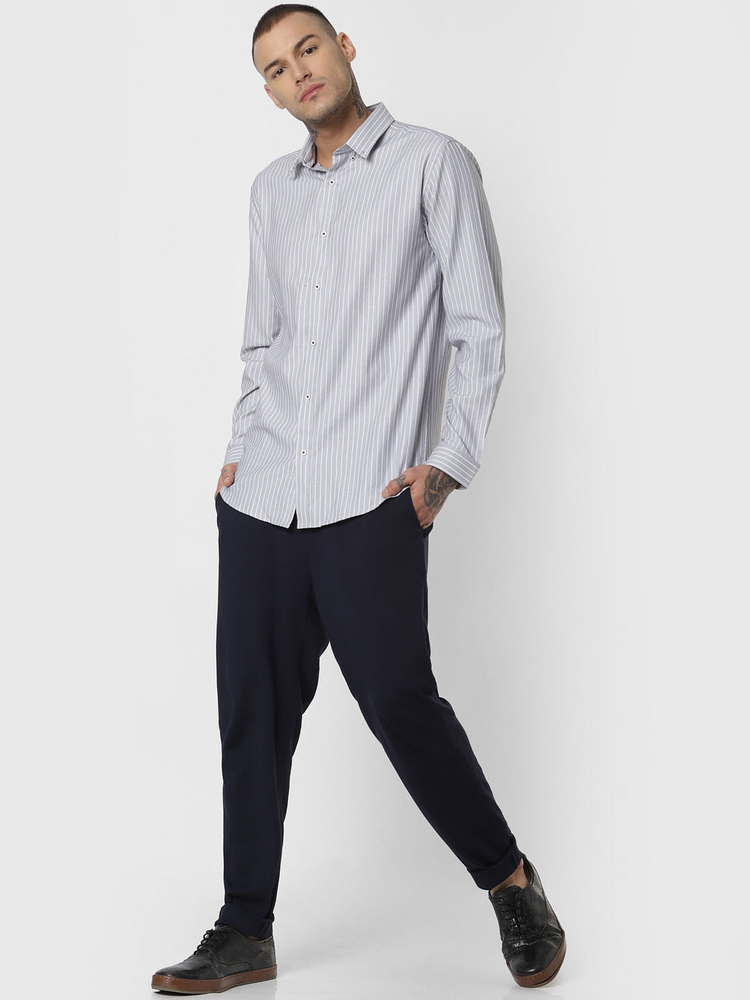 Grey Striped Full Sleeves Shirt