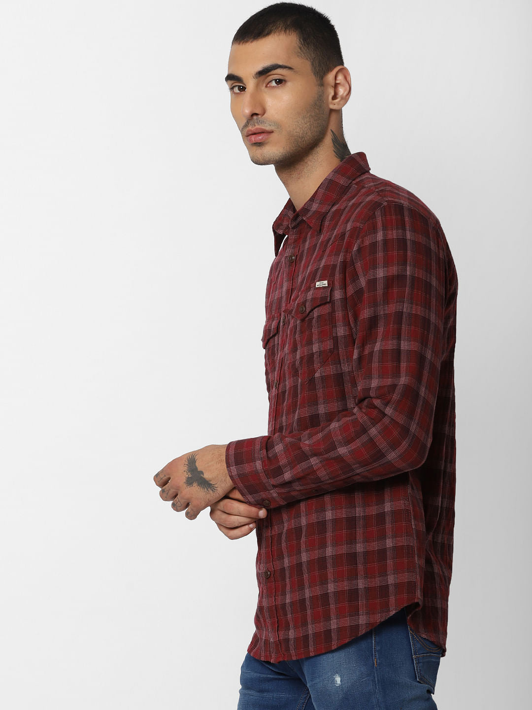 Burgundy Check Full Sleeves Shirt