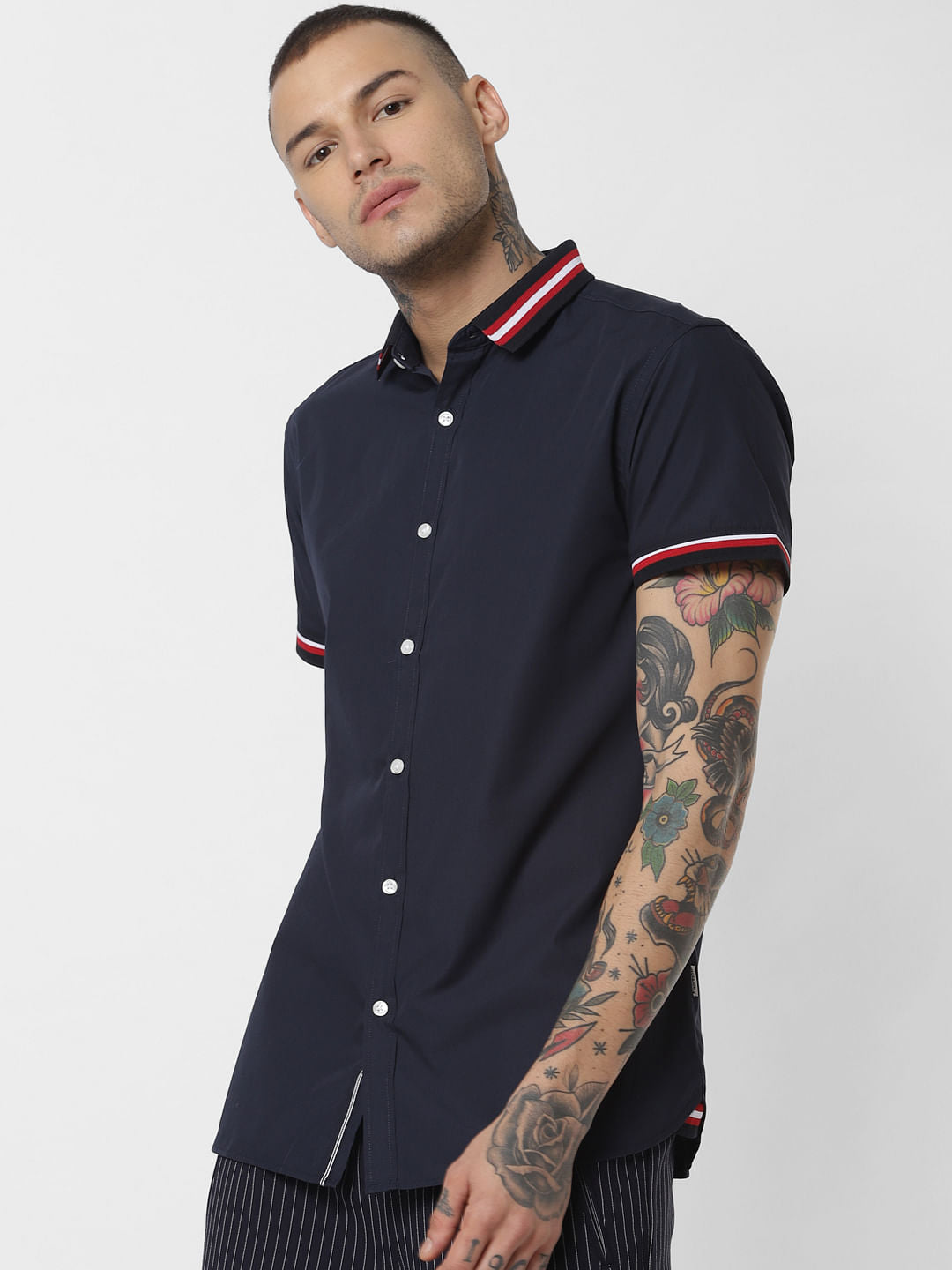 Blue Contrast Tipping Short Sleeves Shirt