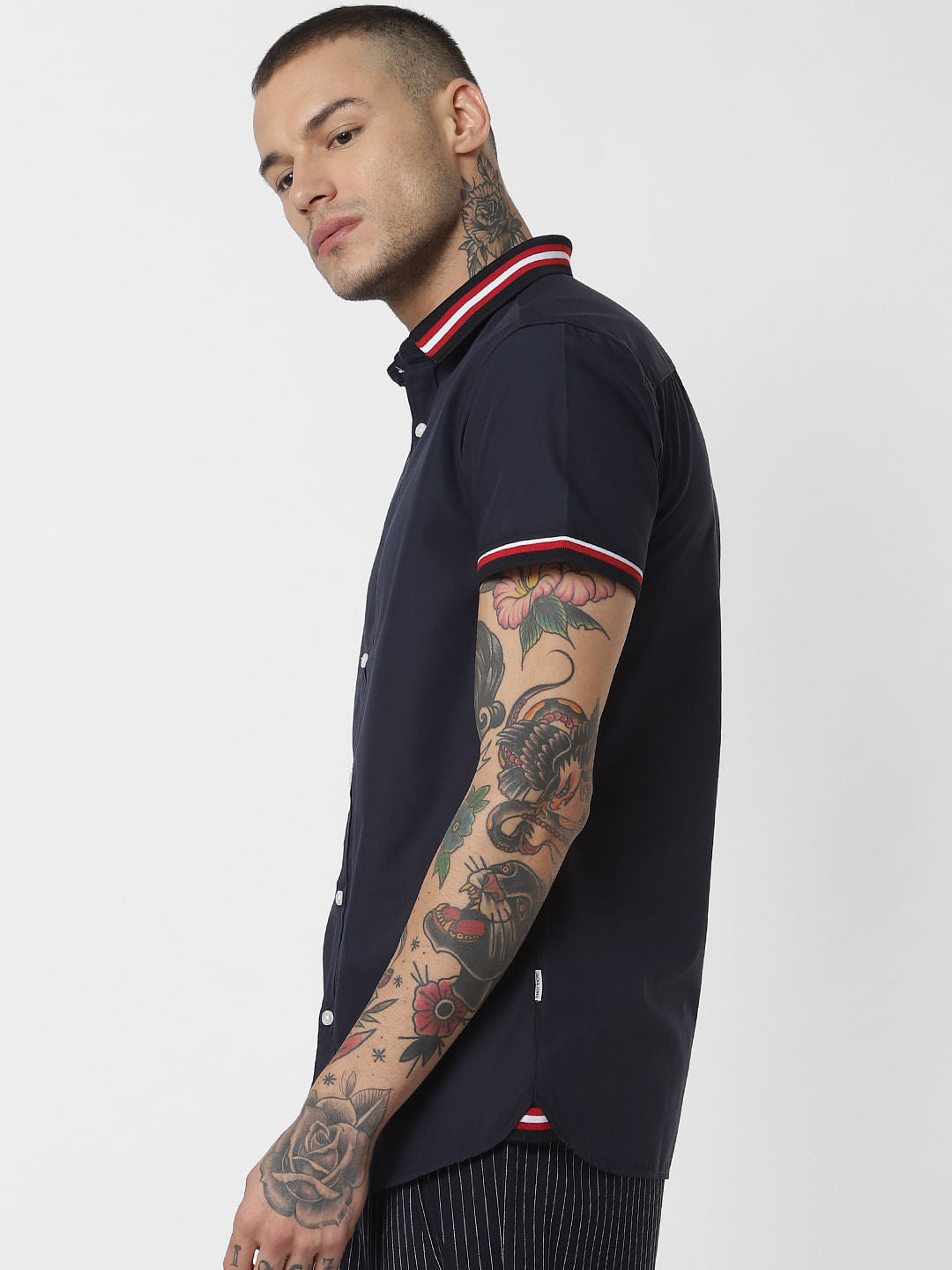 Blue Contrast Tipping Short Sleeves Shirt