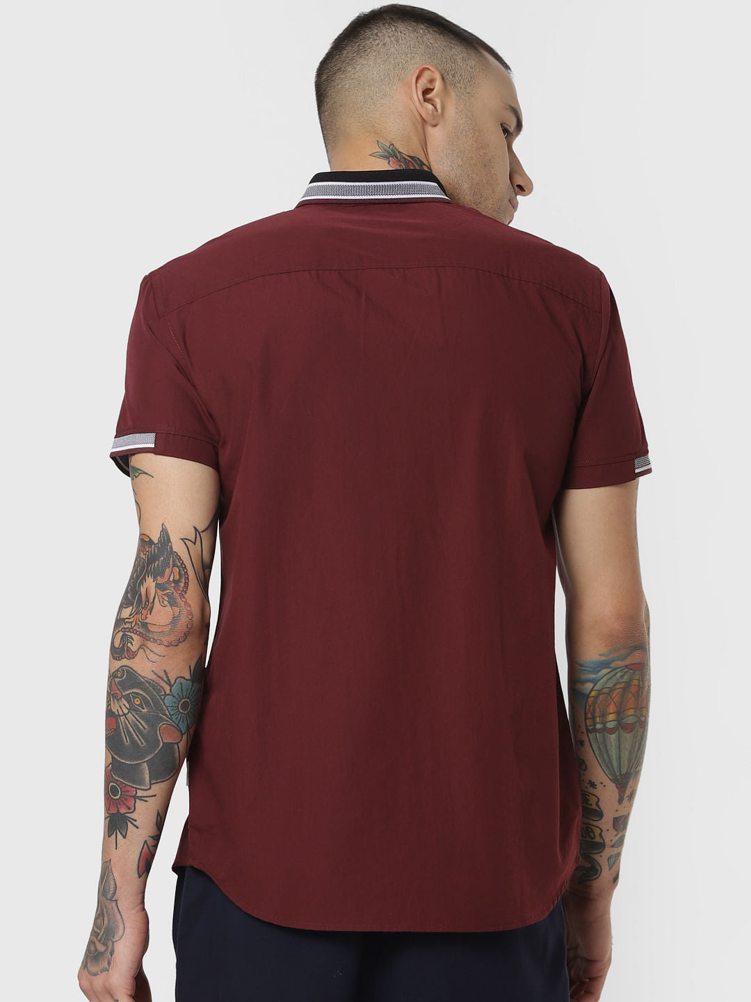 Burgundy Contrast Tipping Short Sleeves Shirt