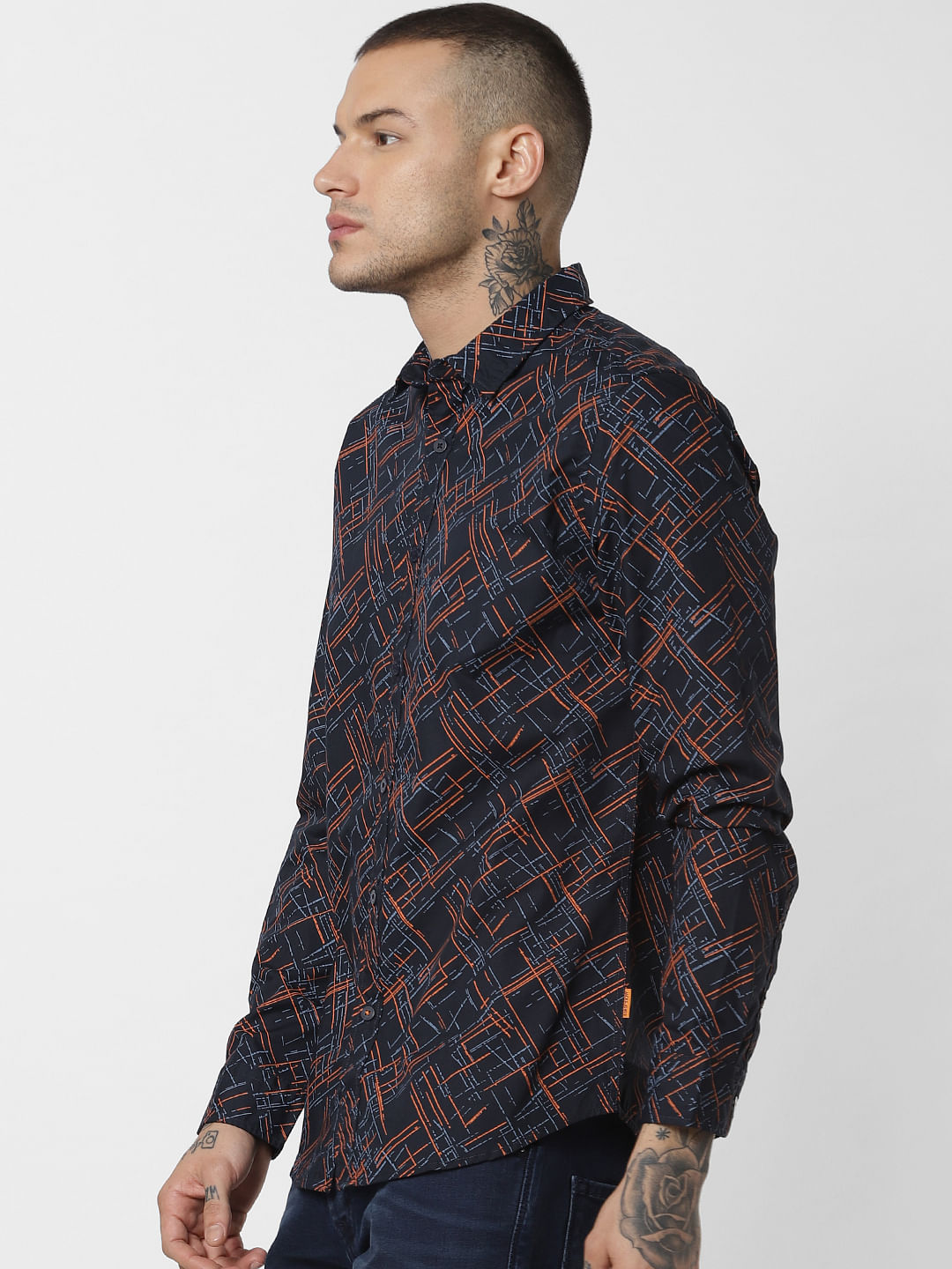 Navy Blue All Over Print Full Sleeves Shirt