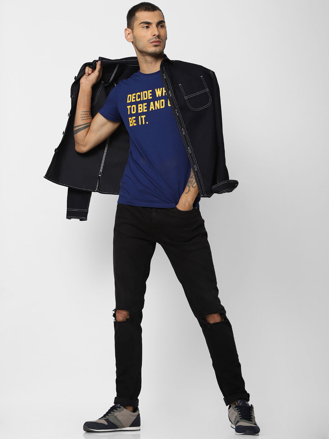 Blue Slogan Print Crew Neck T-shirt