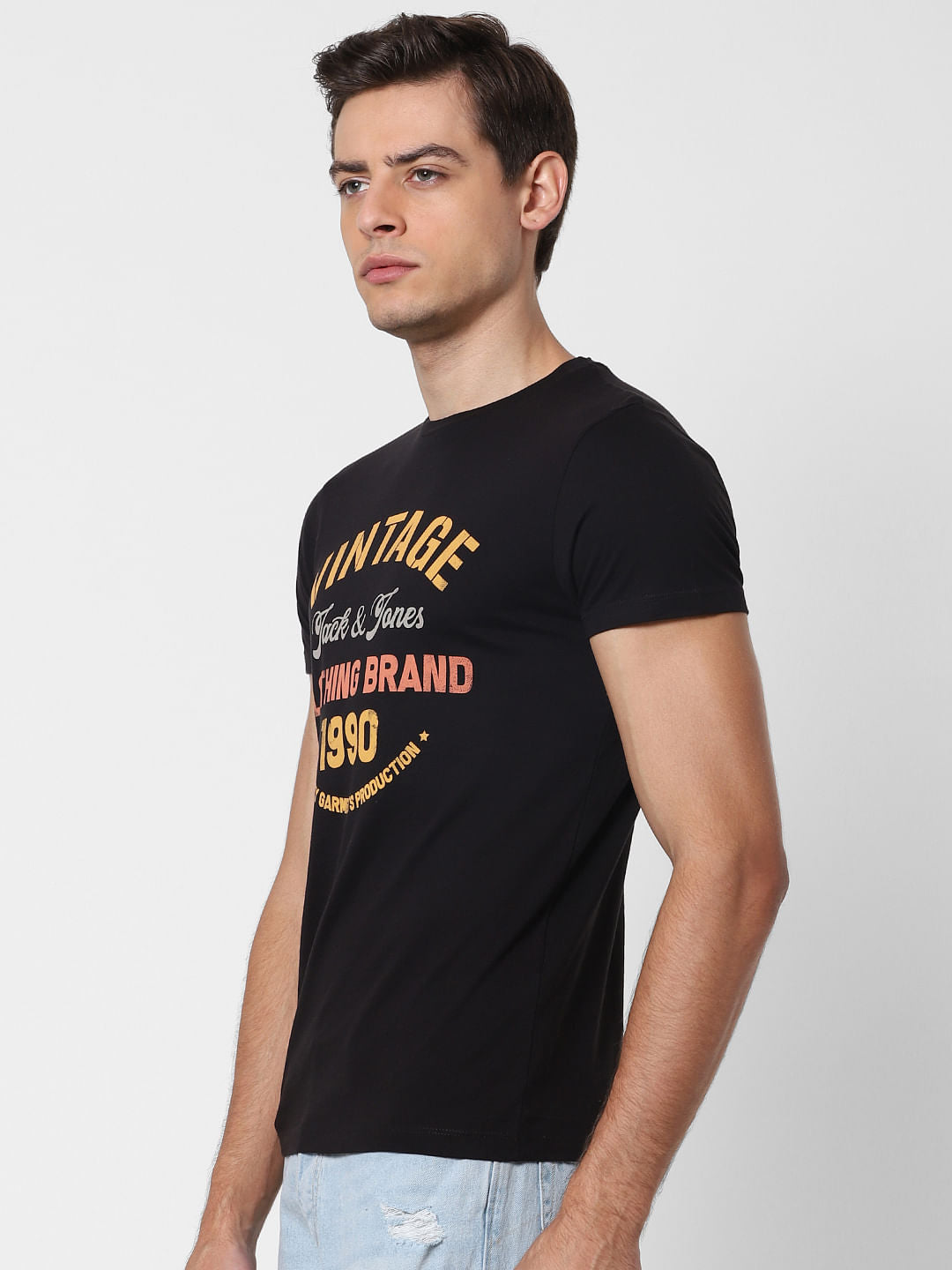 Black Text Print Crew Neck T-Shirt