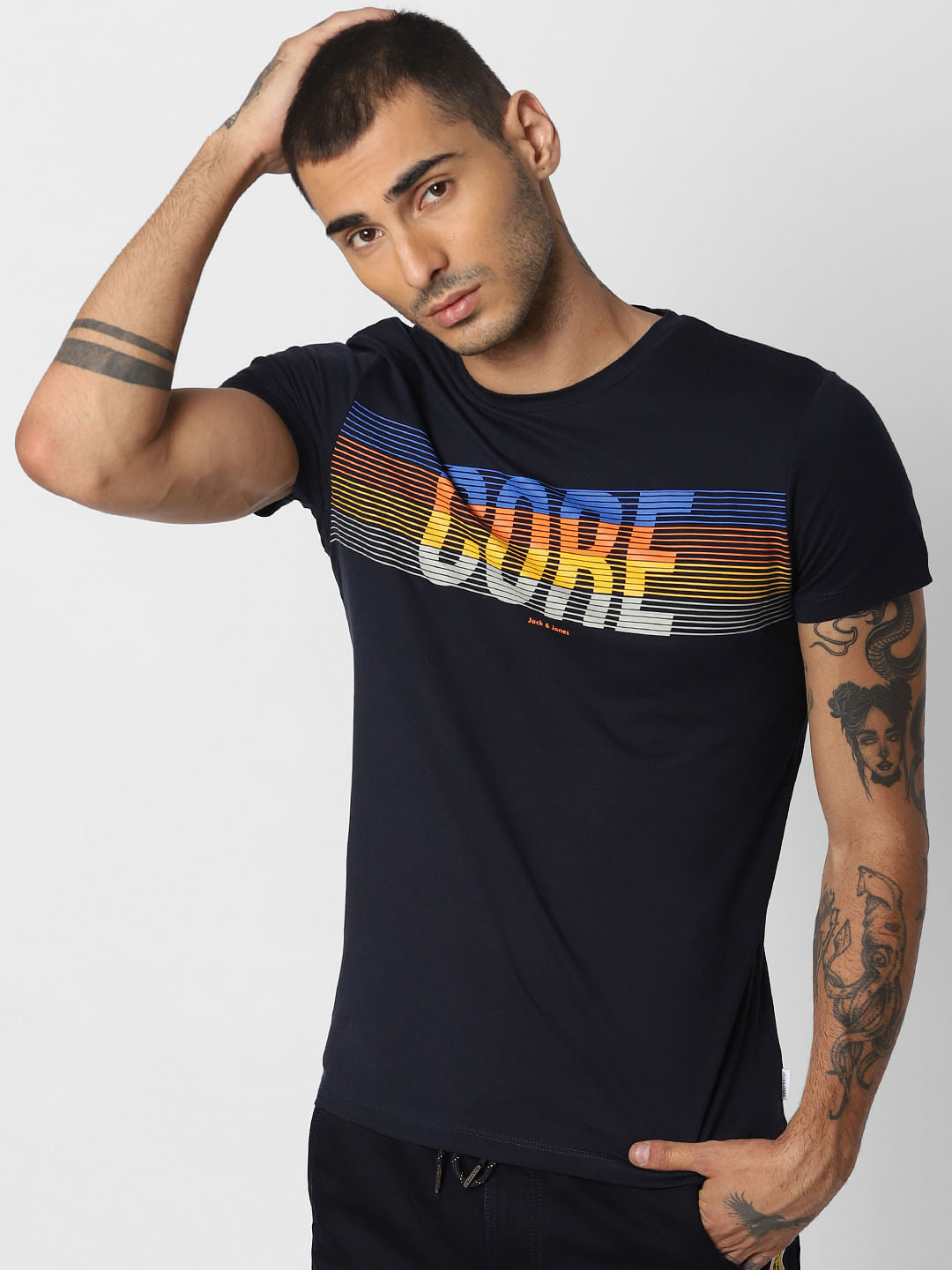 Navy Blue Logo Print Crew Neck T-shirt