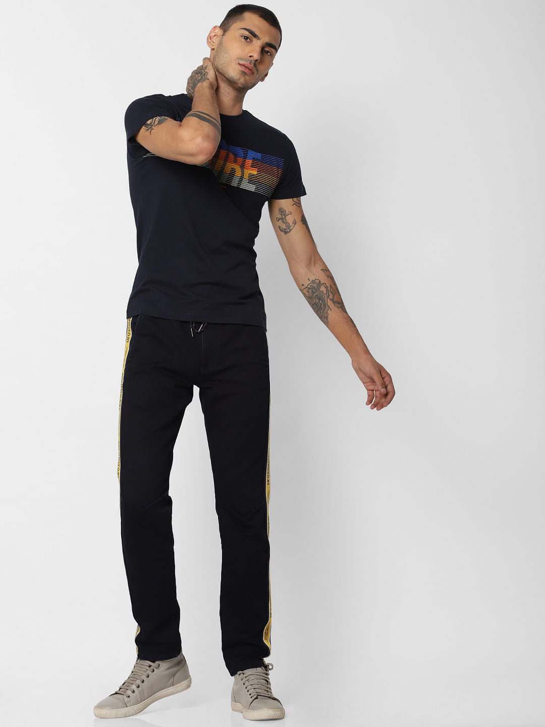 Navy Blue Logo Print Crew Neck T-shirt