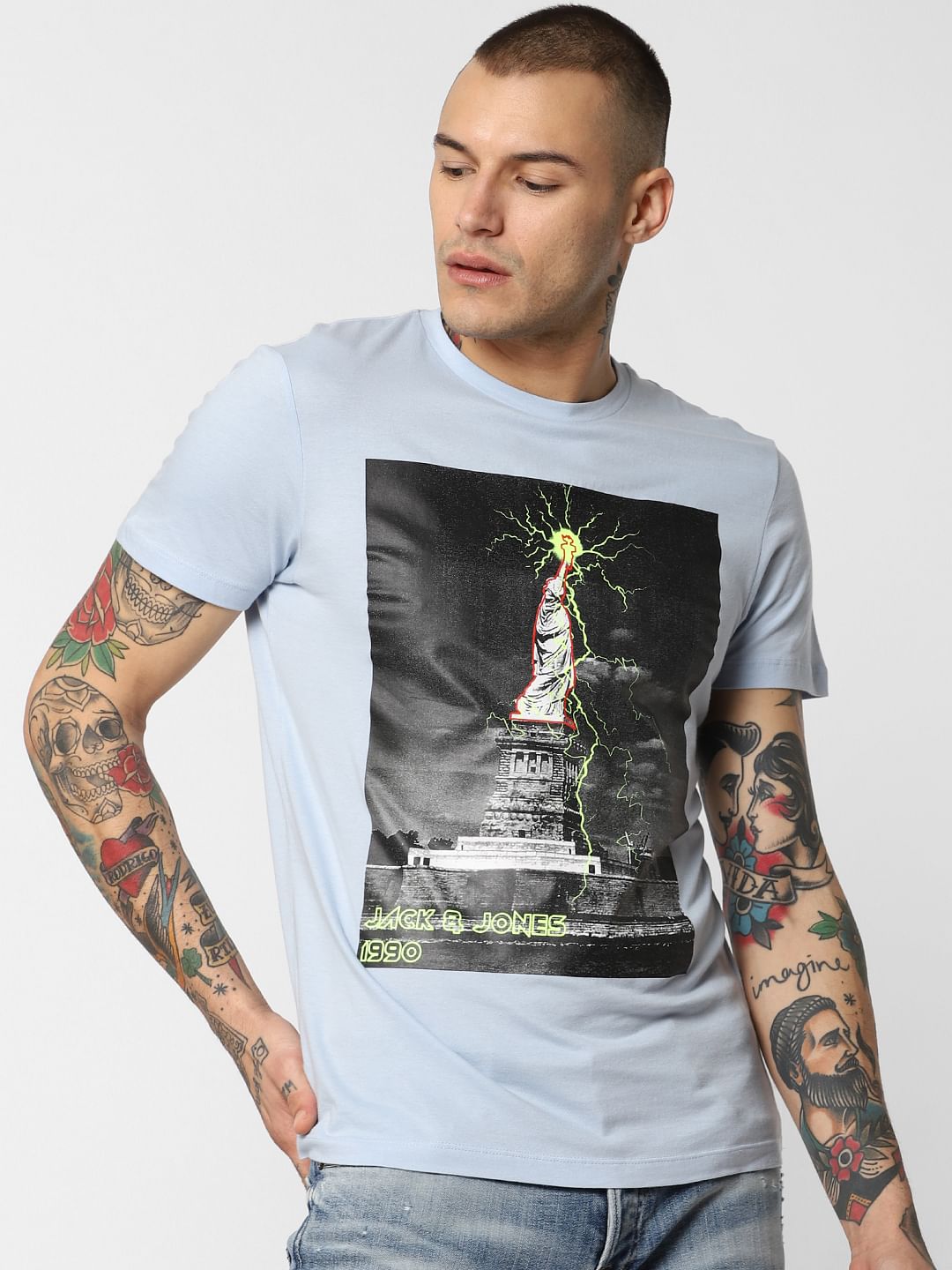 Blue Statue Of Liberty Print Crew Neck T-Shirt
