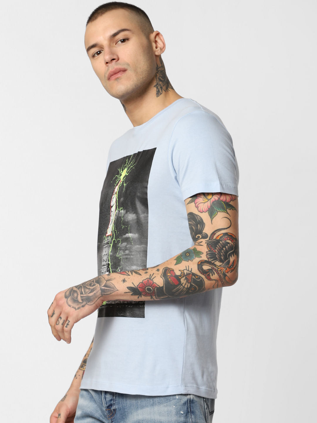 Blue Statue Of Liberty Print Crew Neck T-Shirt