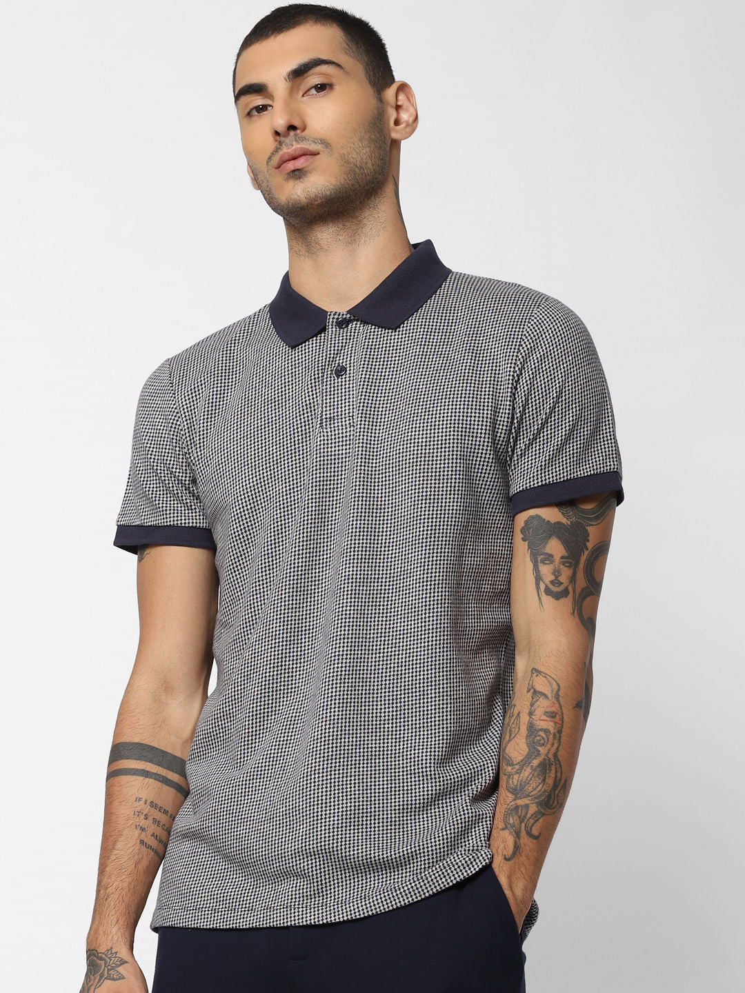 Navy Blue Printed Polo Neck T-shirt