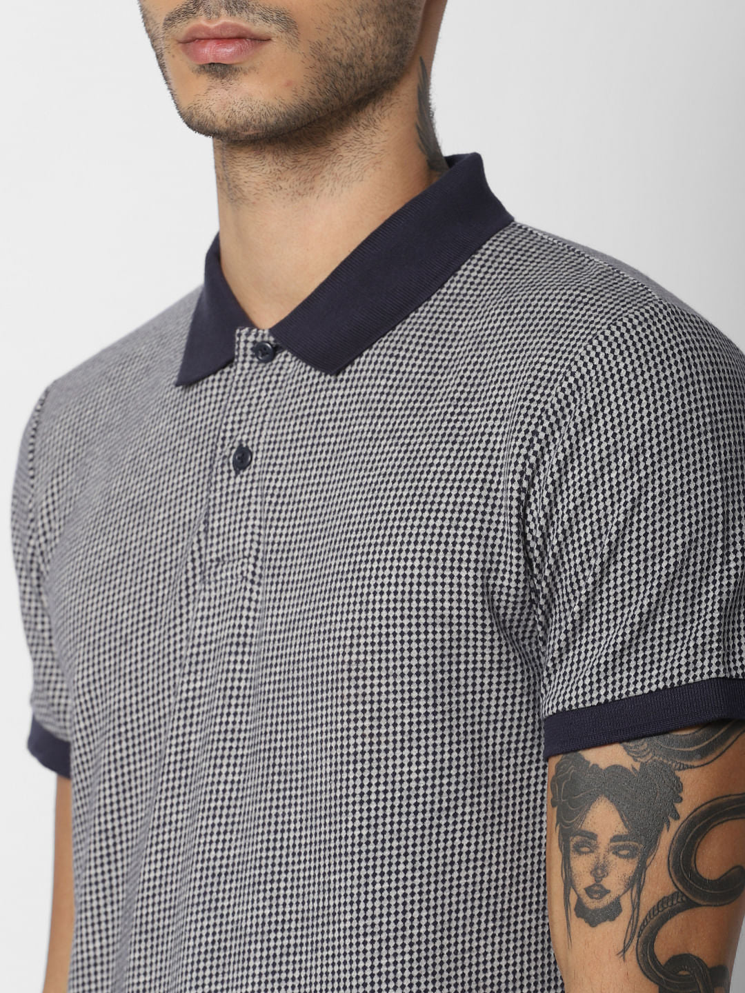 Navy Blue Printed Polo Neck T-shirt