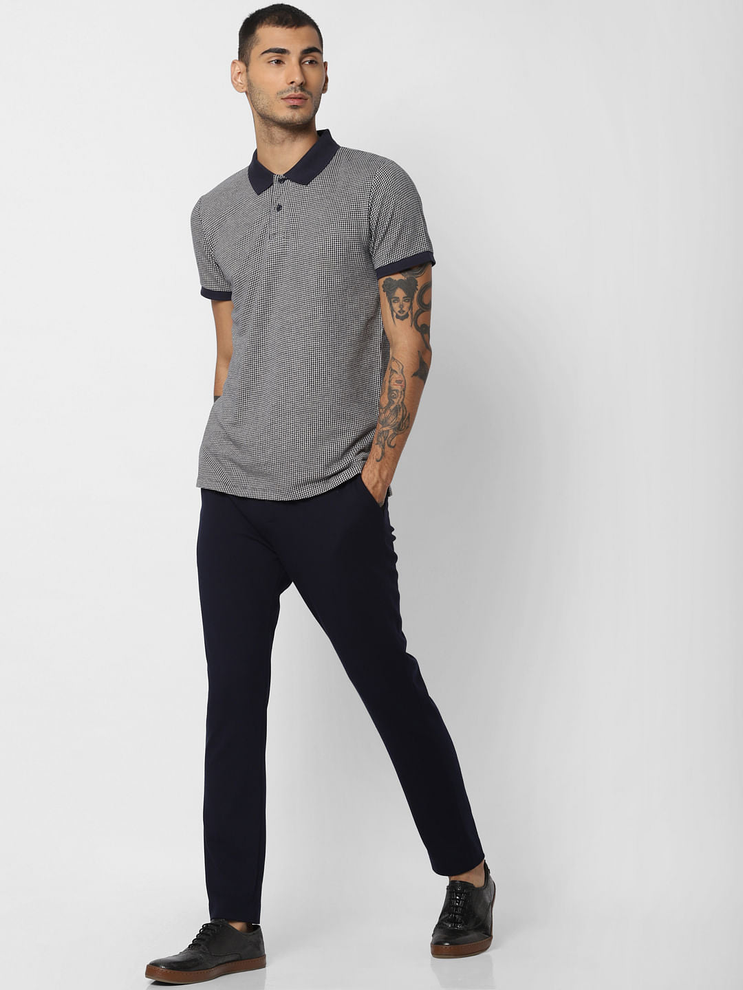 Navy Blue Printed Polo Neck T-shirt