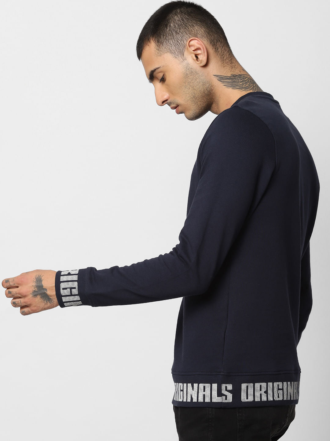 Navy Blue Text Print Sweatshirt