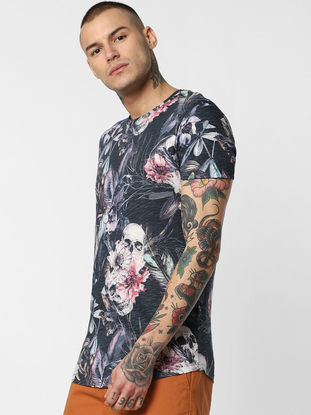 Navy Blue Floral Print Crew Neck T-Shirt