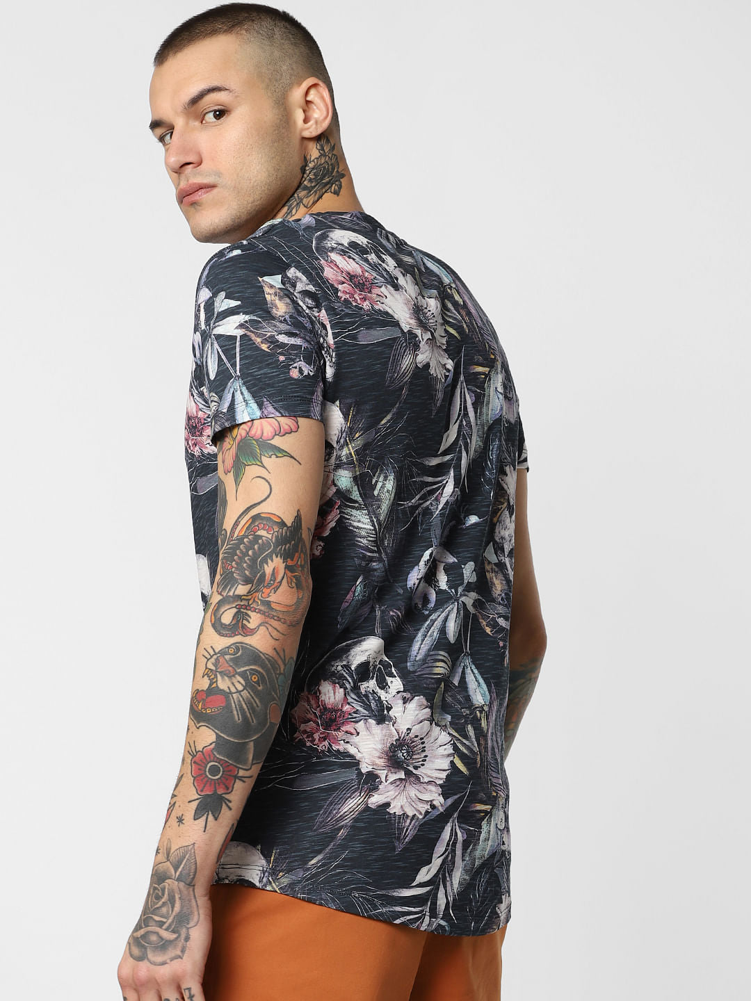 Navy Blue Floral Print Crew Neck T-Shirt