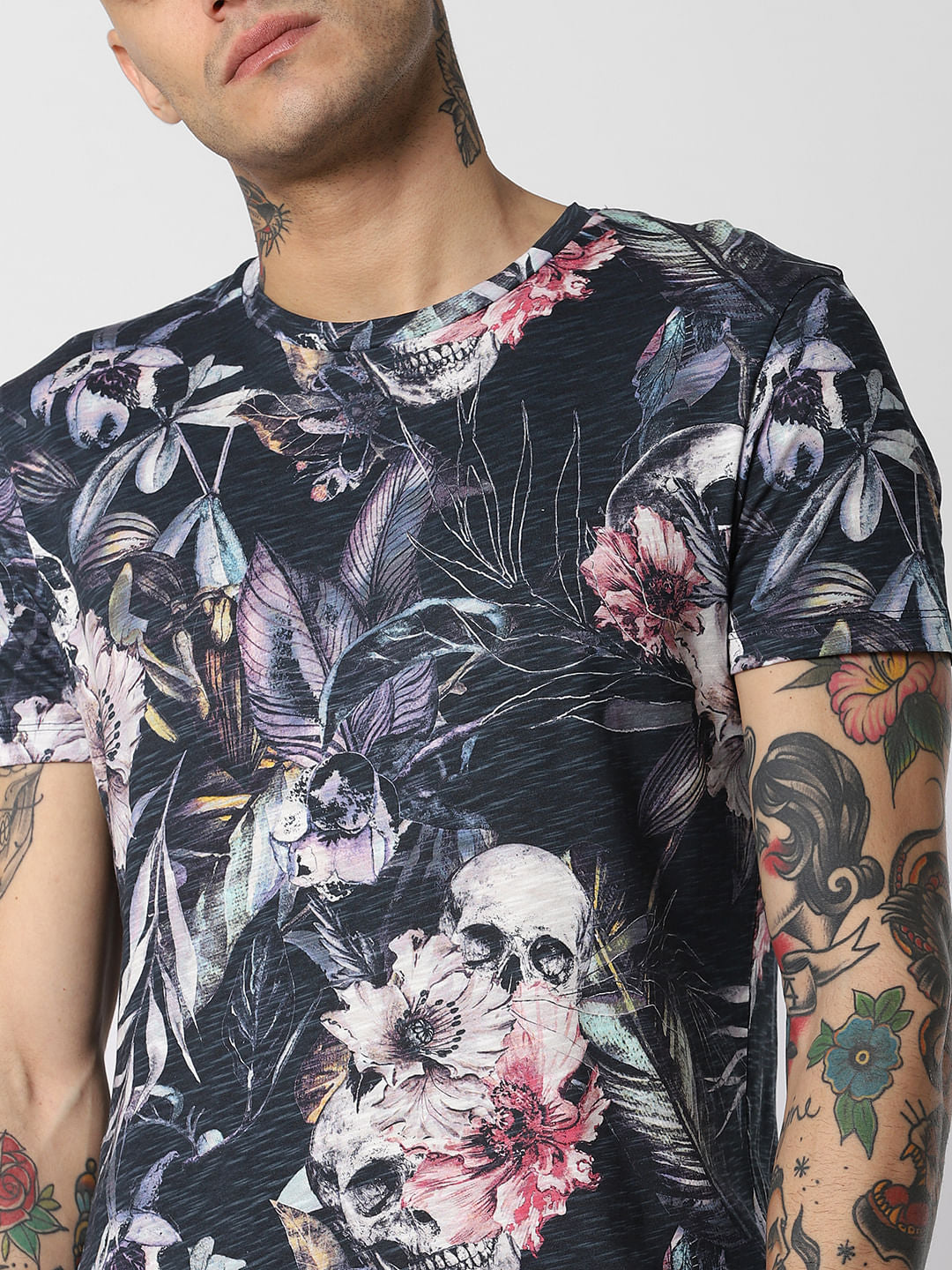 Navy Blue Floral Print Crew Neck T-Shirt