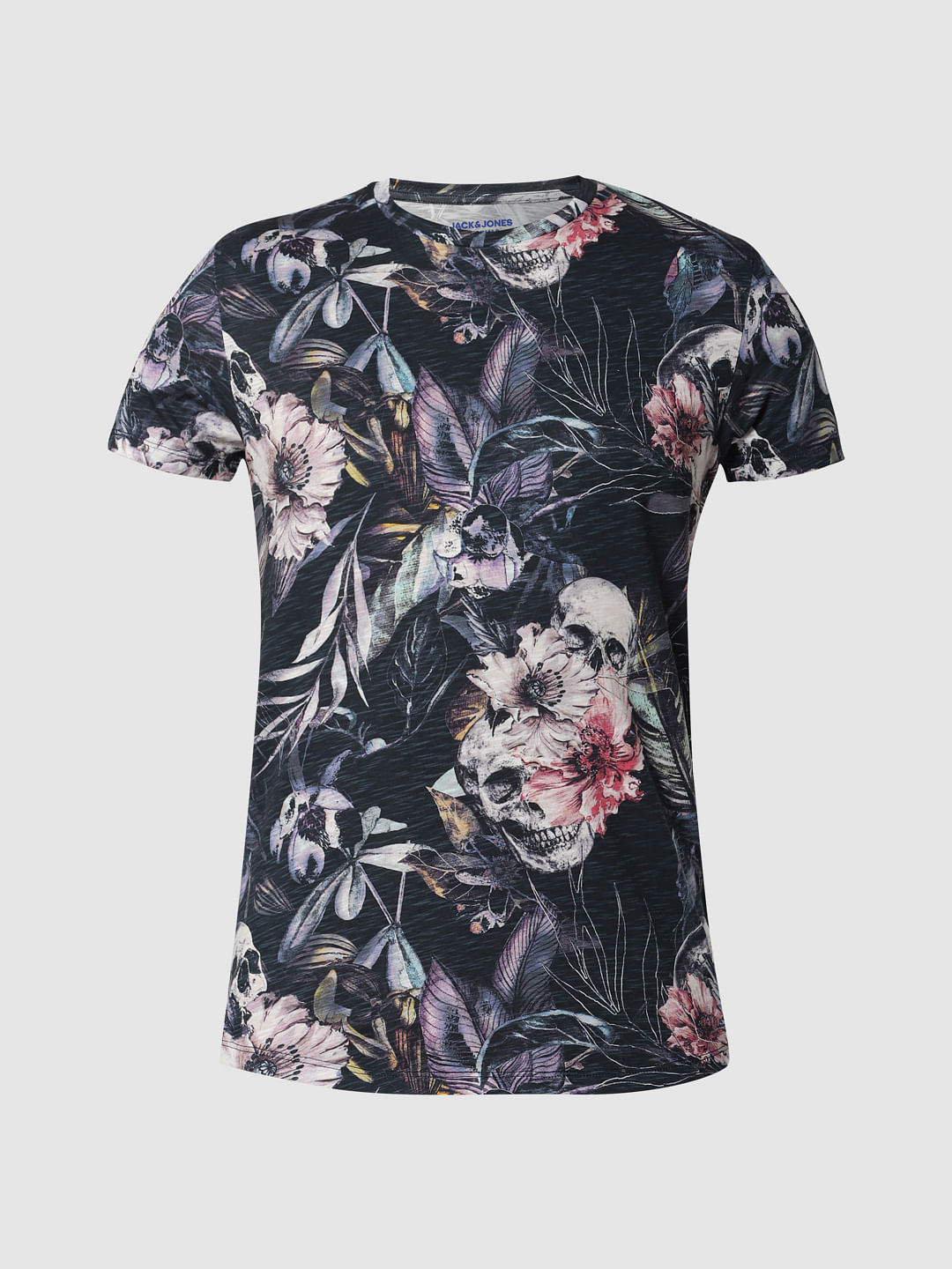 Navy Blue Floral Print Crew Neck T-Shirt