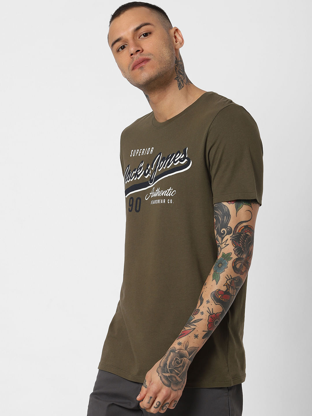 Olive Logo Print Crew Neck T-Shirt