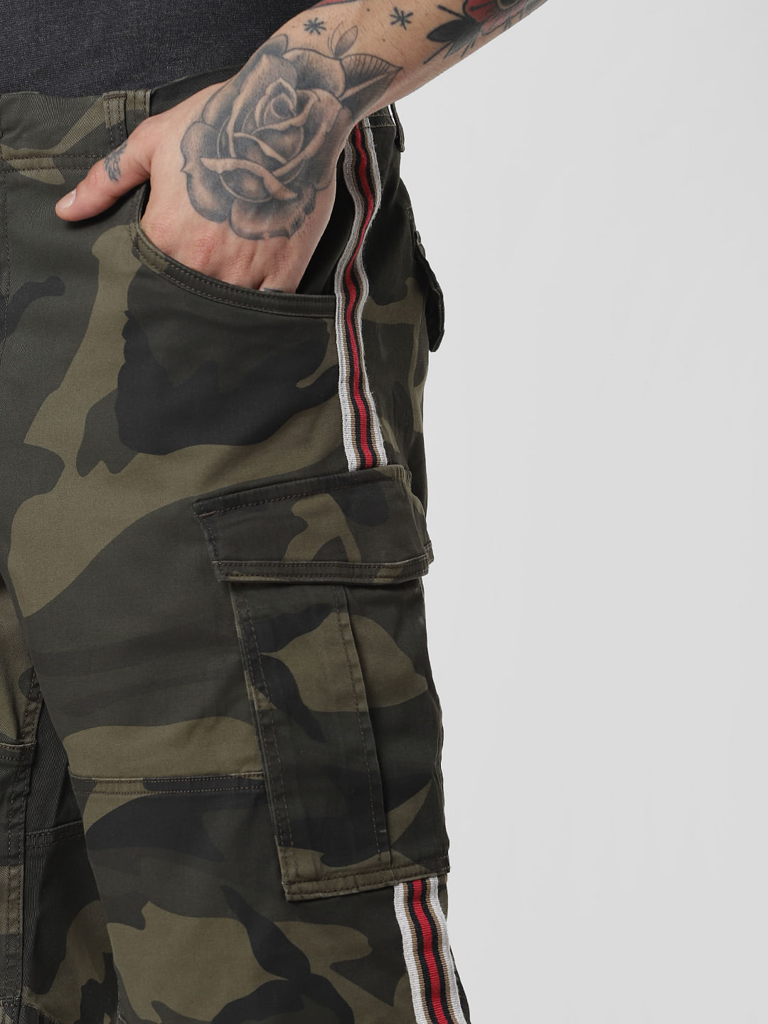 Green Camo Print Cargo Shorts
