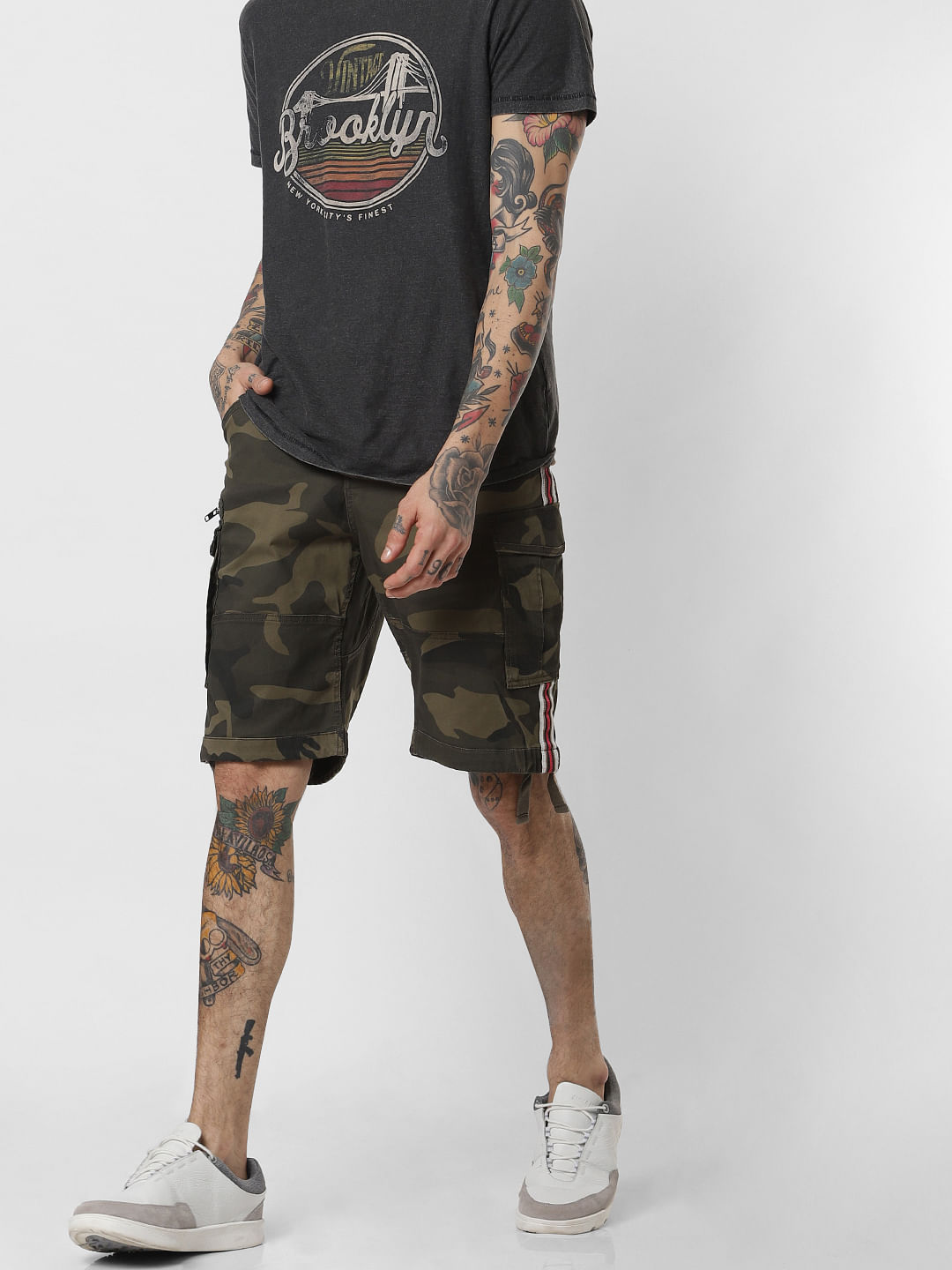 Green Camo Print Cargo Shorts
