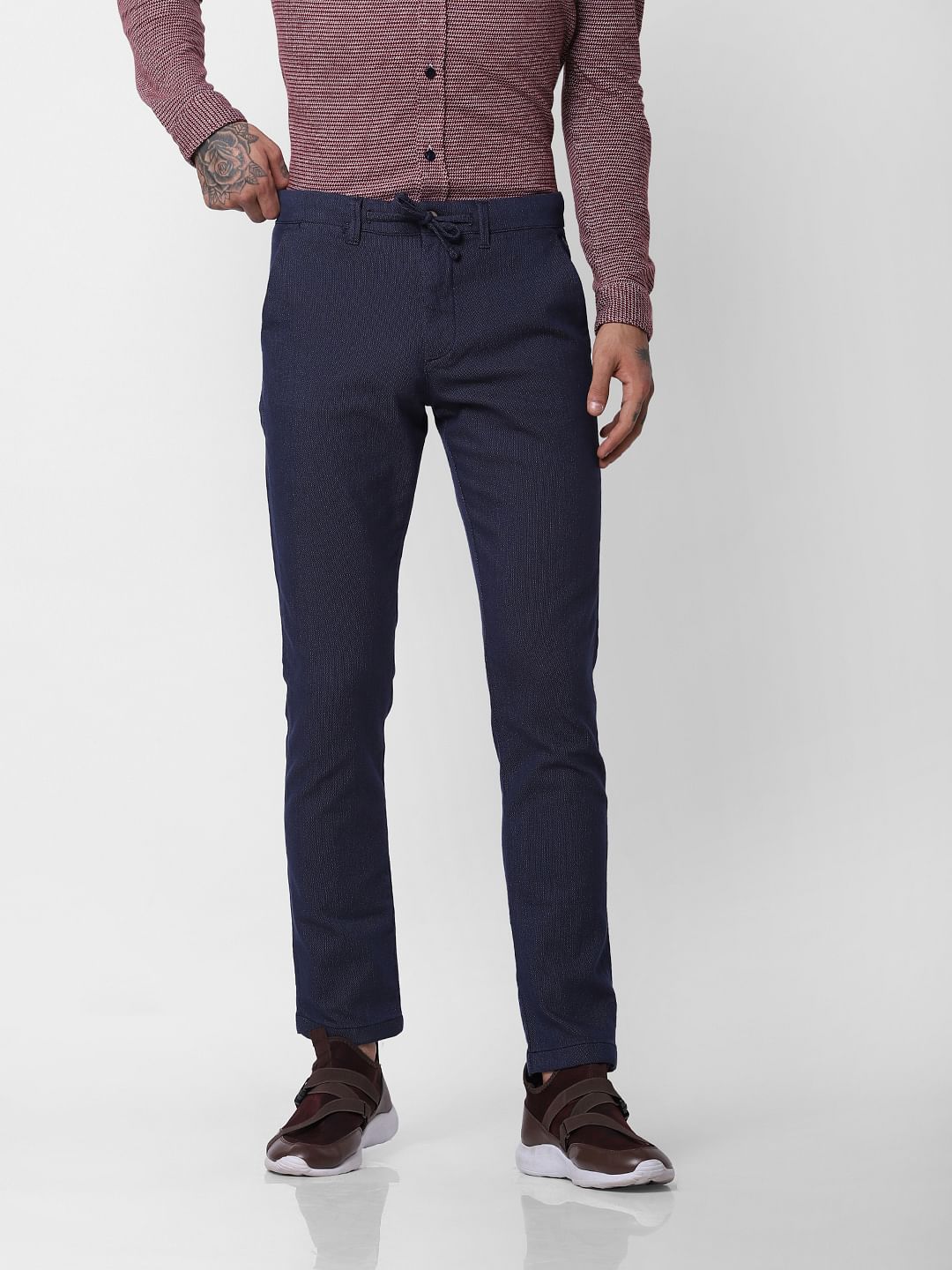 Navy Blue Mid Rise Slim Fit Pants