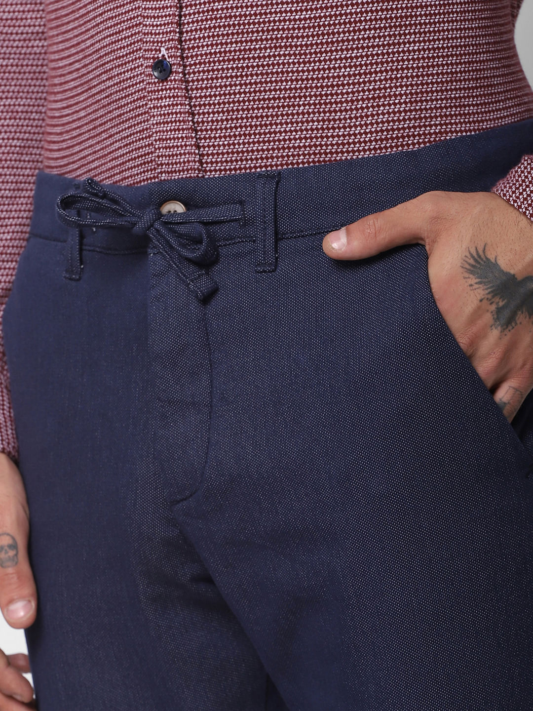 Navy Blue Mid Rise Slim Fit Pants