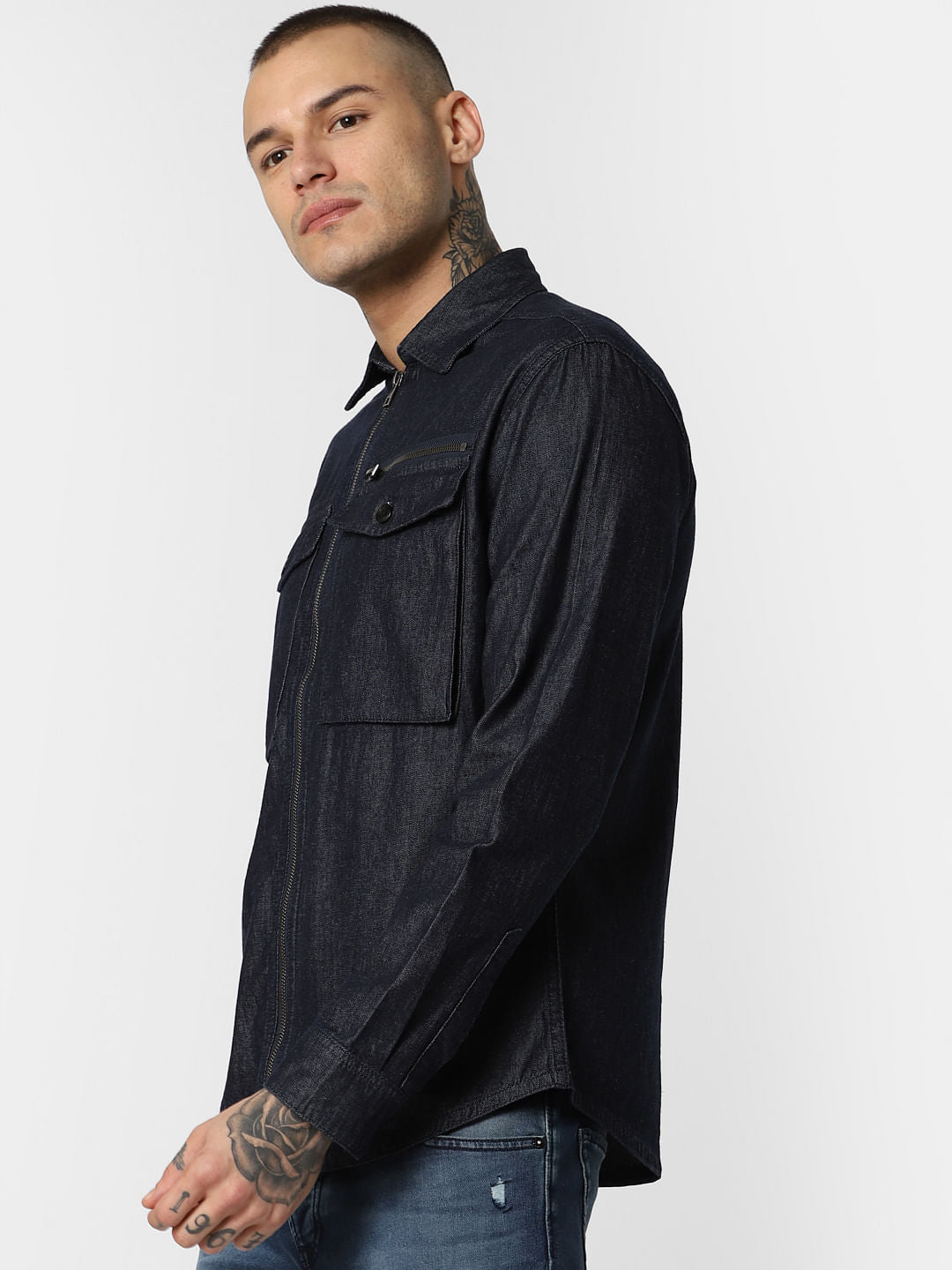 Dark Blue Zip Up Denim Full Sleeves Shirt